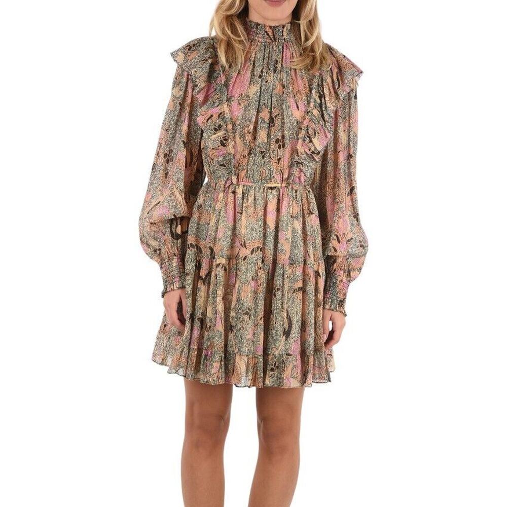 Ulla Johnson Vienne Mini Dress Ivory Print Long Sleeve Mock Neck, Women's Size 8